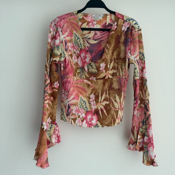 Vintage Y2K Lillie Rubin Top Medium Fairy Floral Rhinestone Crinkle Bell Sleeve - Picture 3 of 11
